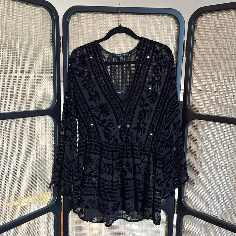For Love & Lemons Black Velvet Bell Sleeve Mini Dress
